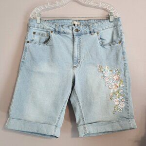 Woman Within Bermuda Shorts w/Embroidered Floral Design, Women's Size 14W